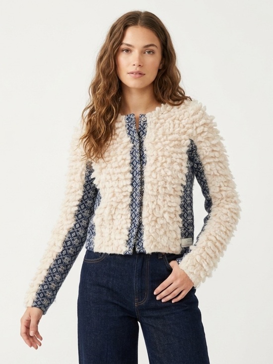 Odd Molly Sweaters - Odd Molly Shaggy Loop Knit Cardigan Fair Isle Alpaca Wool Blend Cream Navy Small